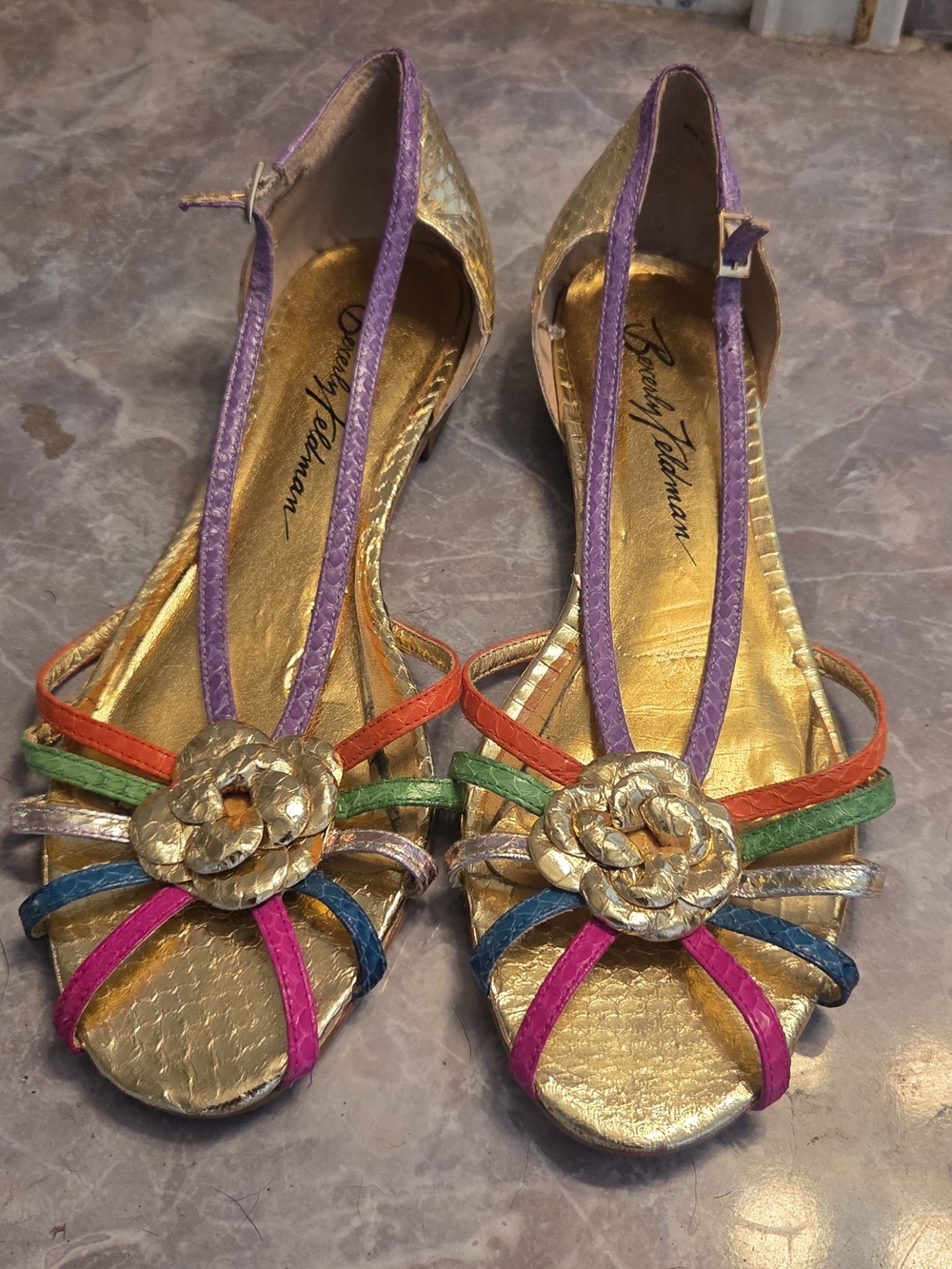 Beverly Feldman Gold Multicolor Strappy Floral Sandals